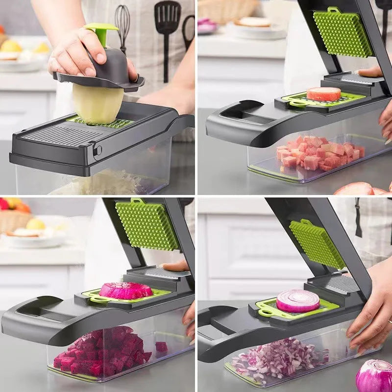 Adjustable Stainless Steel Slicer Dicer with Container-Non-Stick 16-Piece Kitchen Food Processor Cutter