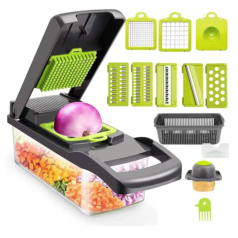 Adjustable Stainless Steel Slicer Dicer with Container-Non-Stick 16-Piece Kitchen Food Processor Cutter