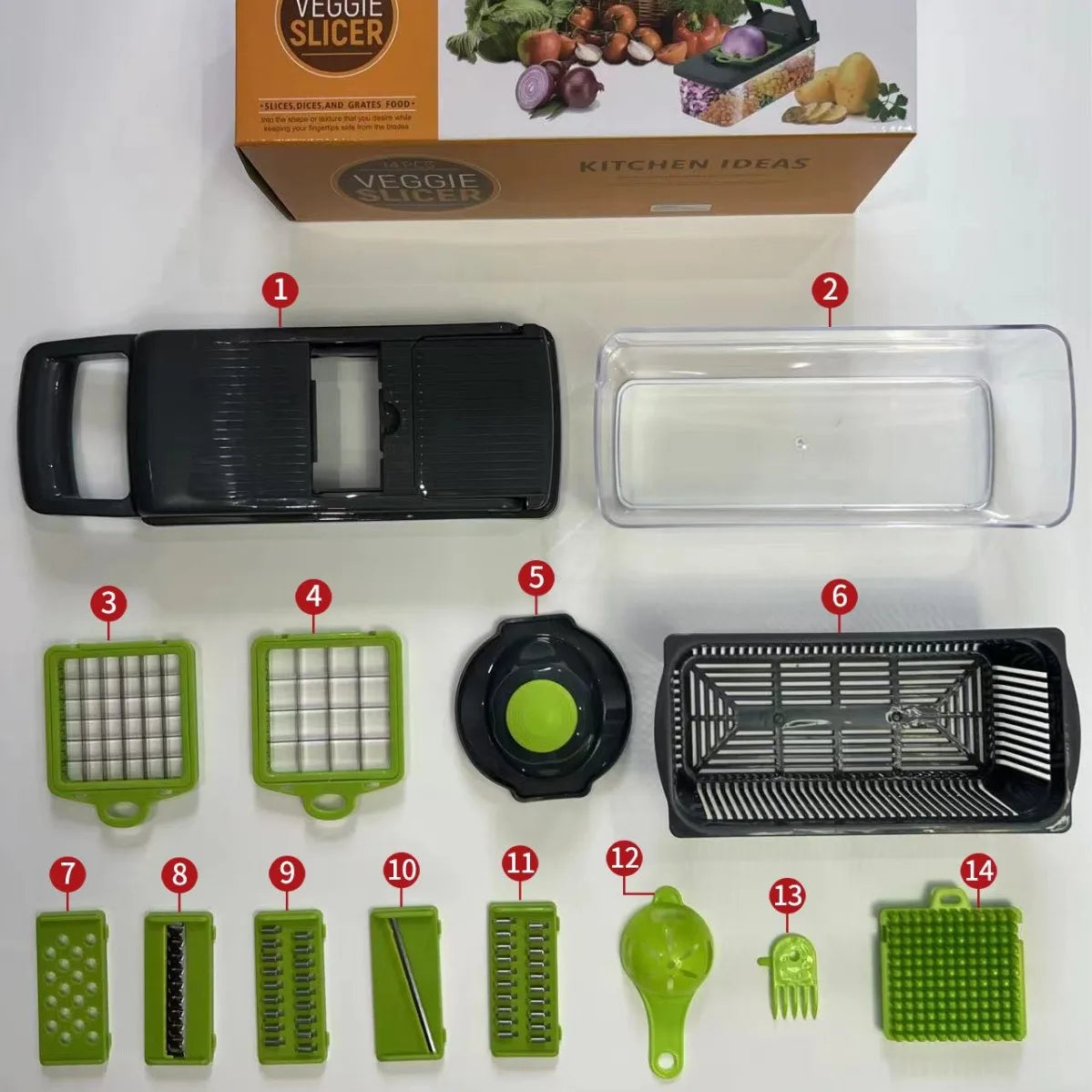 Adjustable Stainless Steel Slicer Dicer with Container-Non-Stick 16-Piece Kitchen Food Processor Cutter