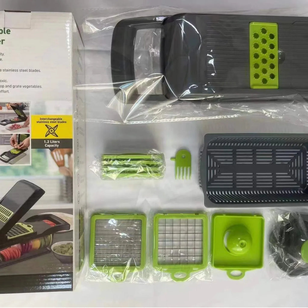 Adjustable Stainless Steel Slicer Dicer with Container-Non-Stick 16-Piece Kitchen Food Processor Cutter