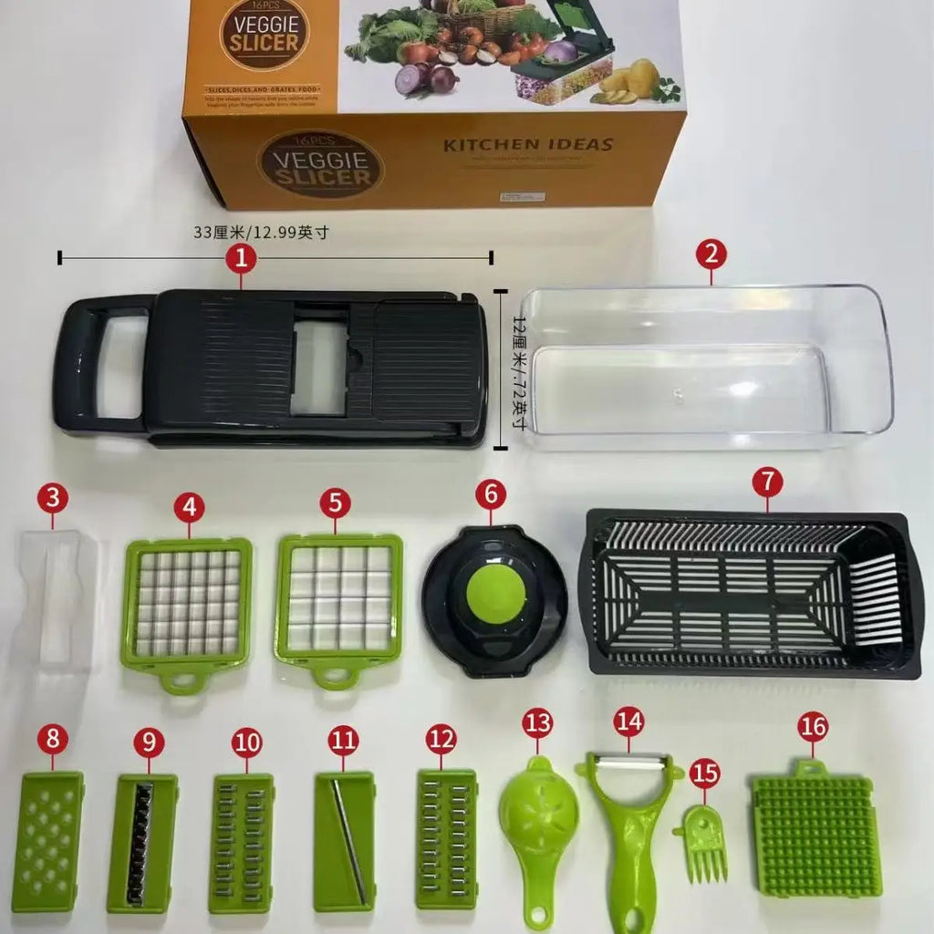Adjustable Stainless Steel Slicer Dicer with Container-Non-Stick 16-Piece Kitchen Food Processor Cutter