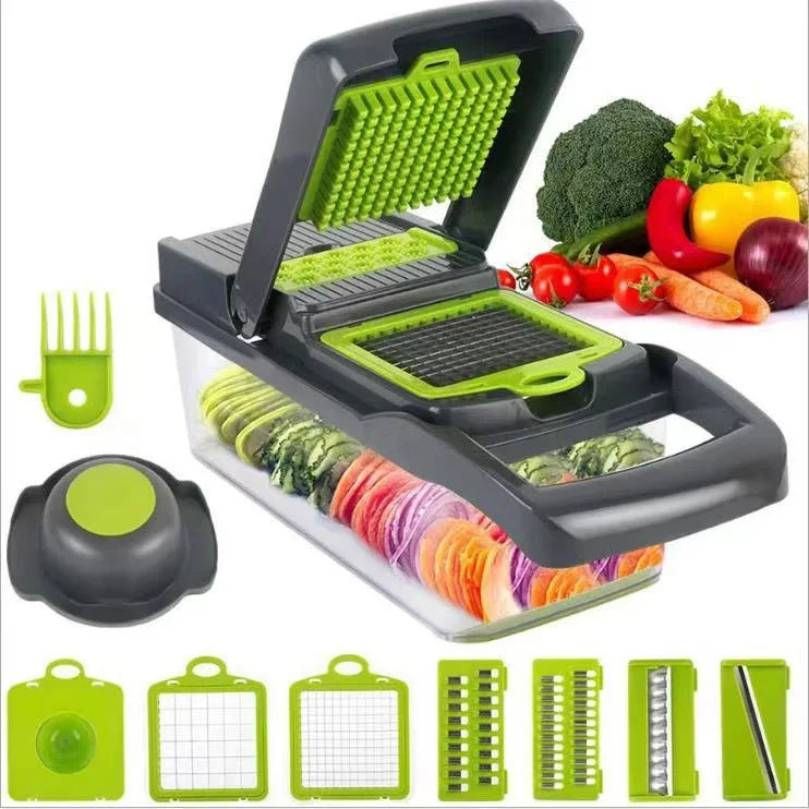 Adjustable Stainless Steel Slicer Dicer with Container-Non-Stick 16-Piece Kitchen Food Processor Cutter